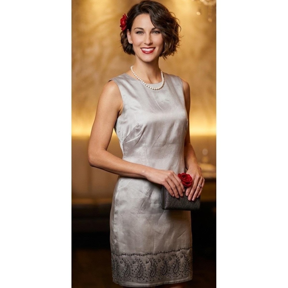 Vintage Liz Claiborne Silk Sheath Dress Sz 8 Champagne Beige Embroidered Paisley